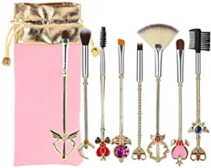 AMarkUp 8pcs Sailor Moon Makeup Brush Set Magical Girl Gold Sakura Eyeshadow Eyebrow Powder Cosmetic Brushes with Pink Pouch