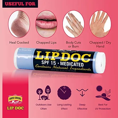 Amish Origins Lip Doc SPF 15 Medicated Lip Balm (3 PACK)- All-Natural Deep Moisturizing Lip Balm, Potent Formula for Chapped and Cracked Lips, All Natural Essential Oils 0.15 Ounce (Pack of 3)