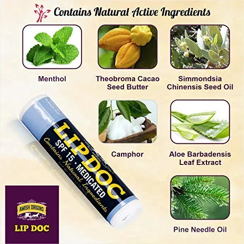 Amish Origins Lip Doc SPF 15 Medicated Lip Balm (3 PACK)- All-Natural Deep Moisturizing Lip Balm, Potent Formula for Chapped and Cracked Lips, All Natural Essential Oils 0.15 Ounce (Pack of 3)