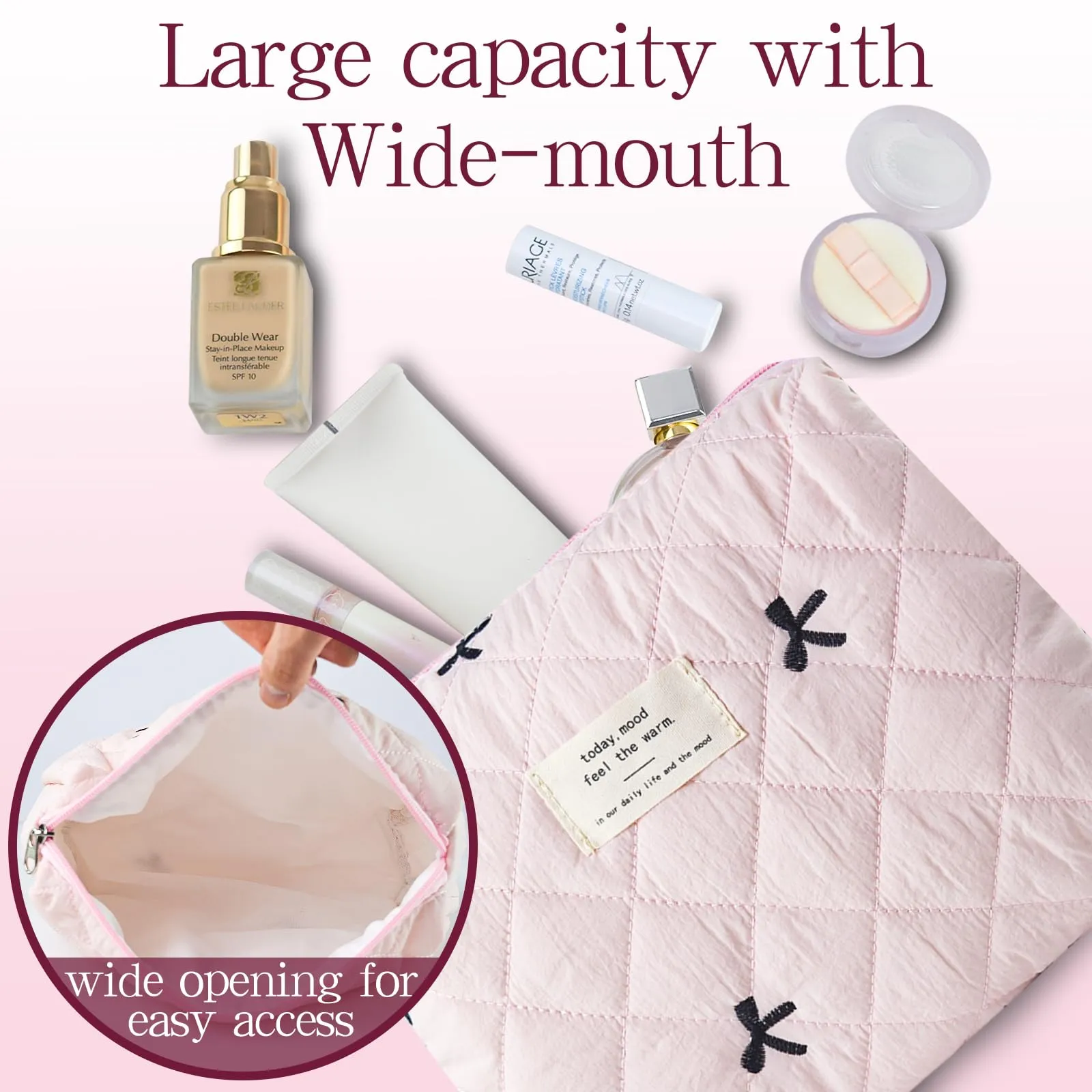 AMZMA Quilted Makeup Bag, Cute Floral Cotton Cosmetic Bag set, Coquette Bow Makeup Pouch Large Travel Toiletry Bag