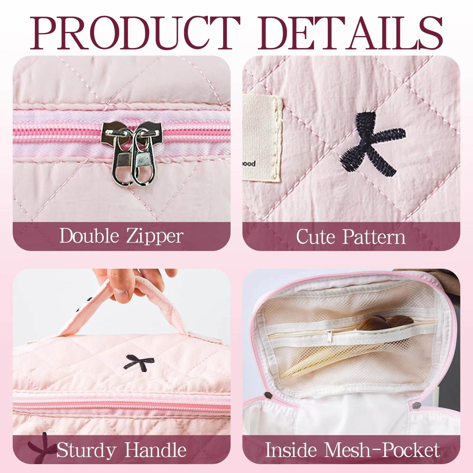AMZMA Quilted Makeup Bag, Cute Floral Cotton Cosmetic Bag set, Coquette Bow Makeup Pouch Large Travel Toiletry Bag