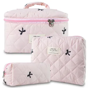 AMZMA Quilted Makeup Bag, Cute Floral Cotton Cosmetic Bag set, Coquette Bow Makeup Pouch Large Travel Toiletry Bag