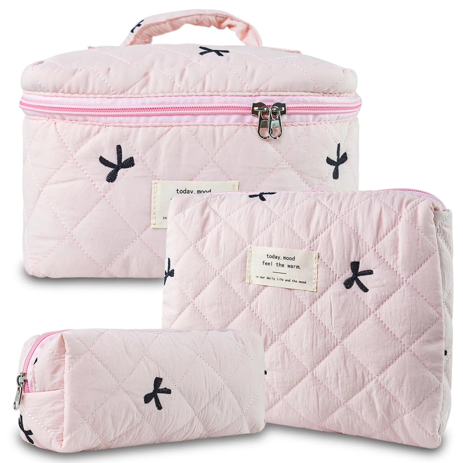 AMZMA Quilted Makeup Bag, Cute Floral Cotton Cosmetic Bag set, Coquette Bow Makeup Pouch Large Travel Toiletry Bag