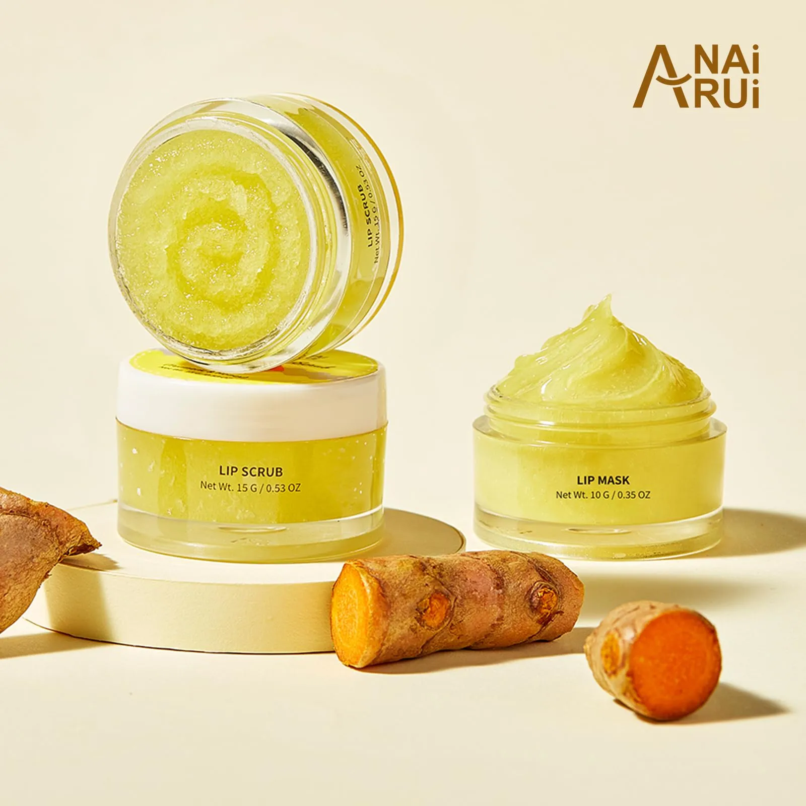 ANAI RUI Lip Care Kit - Lip Sugar Scrub Set, Lip Sleeping Mask & Lip Exfoliator Scrub - Overnight Lip Skin Treatment - Scrub & Moisturizer for Dry Chapped Cracked Peel Lips (Turmeric Honey)