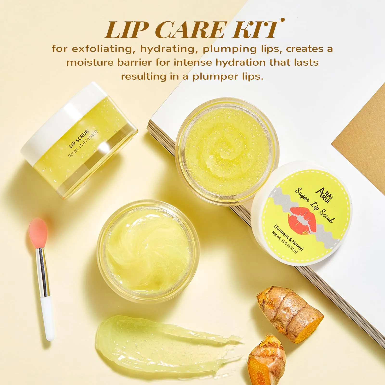ANAI RUI Lip Care Kit - Lip Sugar Scrub Set, Lip Sleeping Mask & Lip Exfoliator Scrub - Overnight Lip Skin Treatment - Scrub & Moisturizer for Dry Chapped Cracked Peel Lips (Turmeric Honey)