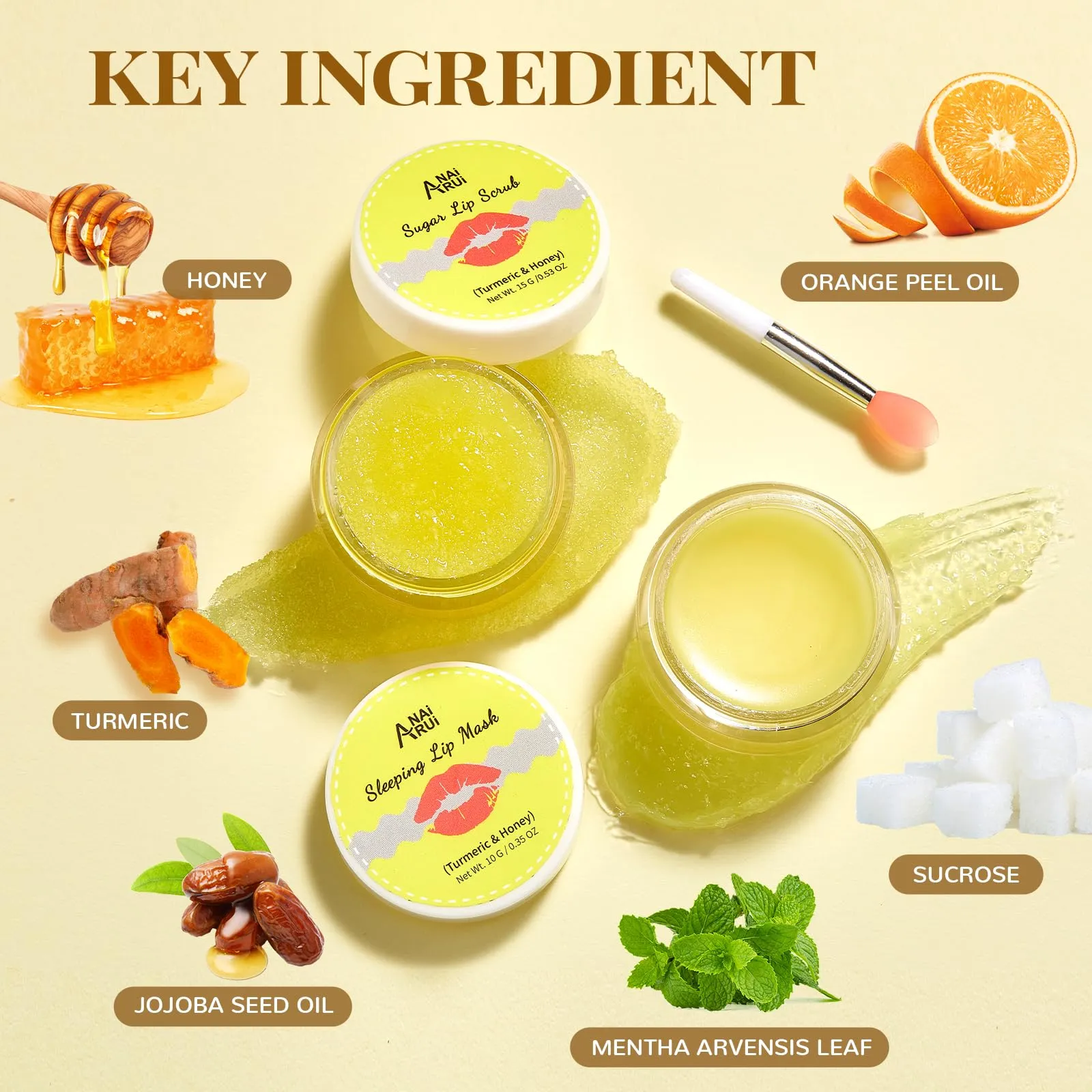ANAI RUI Lip Care Kit - Lip Sugar Scrub Set, Lip Sleeping Mask & Lip Exfoliator Scrub - Overnight Lip Skin Treatment - Scrub & Moisturizer for Dry Chapped Cracked Peel Lips (Turmeric Honey)