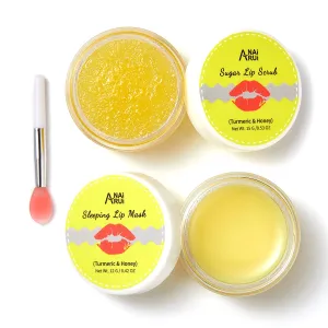 ANAI RUI Lip Care Kit - Lip Sugar Scrub Set, Lip Sleeping Mask & Lip Exfoliator Scrub - Overnight Lip Skin Treatment - Scrub & Moisturizer for Dry Chapped Cracked Peel Lips (Turmeric Honey)