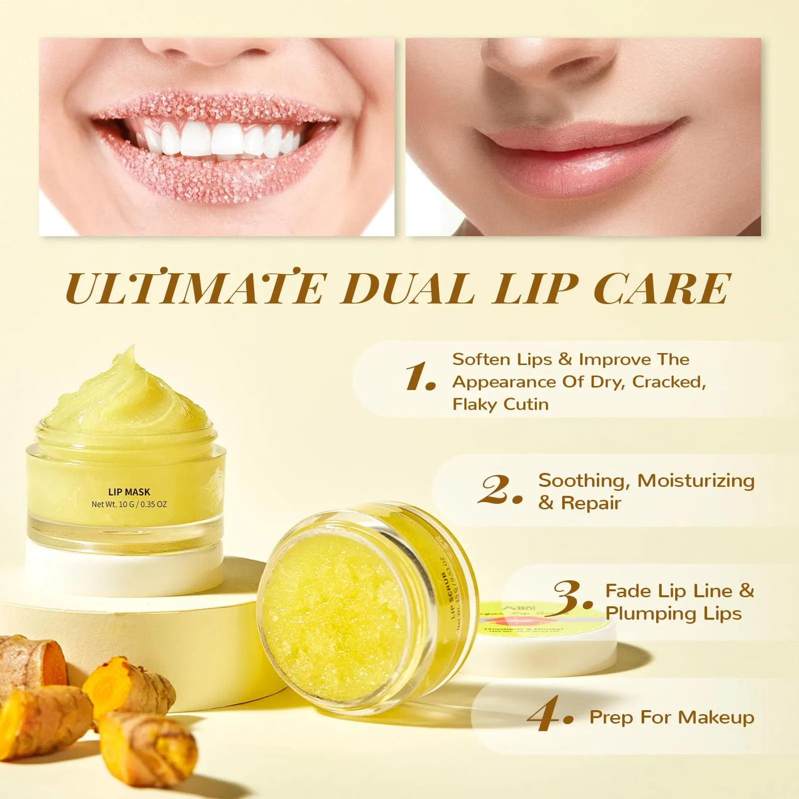ANAI RUI Lip Care Kit - Lip Sugar Scrub Set, Lip Sleeping Mask & Lip Exfoliator Scrub - Overnight Lip Skin Treatment - Scrub & Moisturizer for Dry Chapped Cracked Peel Lips (Turmeric Honey)