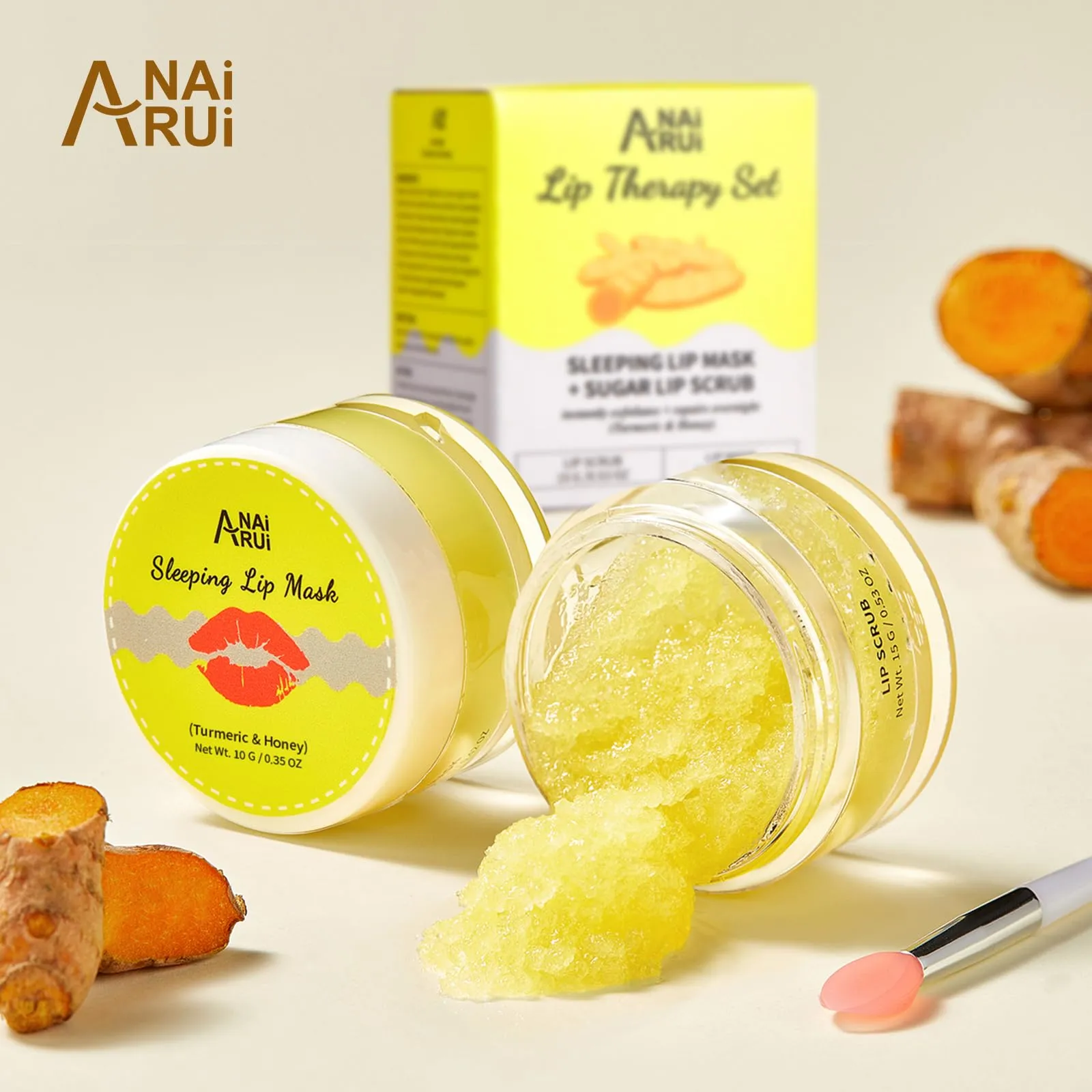 ANAI RUI Lip Care Kit - Lip Sugar Scrub Set, Lip Sleeping Mask & Lip Exfoliator Scrub - Overnight Lip Skin Treatment - Scrub & Moisturizer for Dry Chapped Cracked Peel Lips (Turmeric Honey)