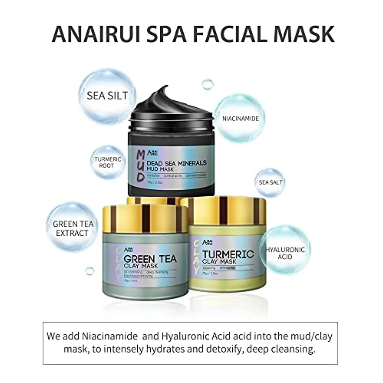 ANAI RUI Turmeric Clay Mask - Green Tea Detox Clay Mask - Dead Sea Minerals Mud Mask, Spa Facial Mask Set, 2.5 oz each