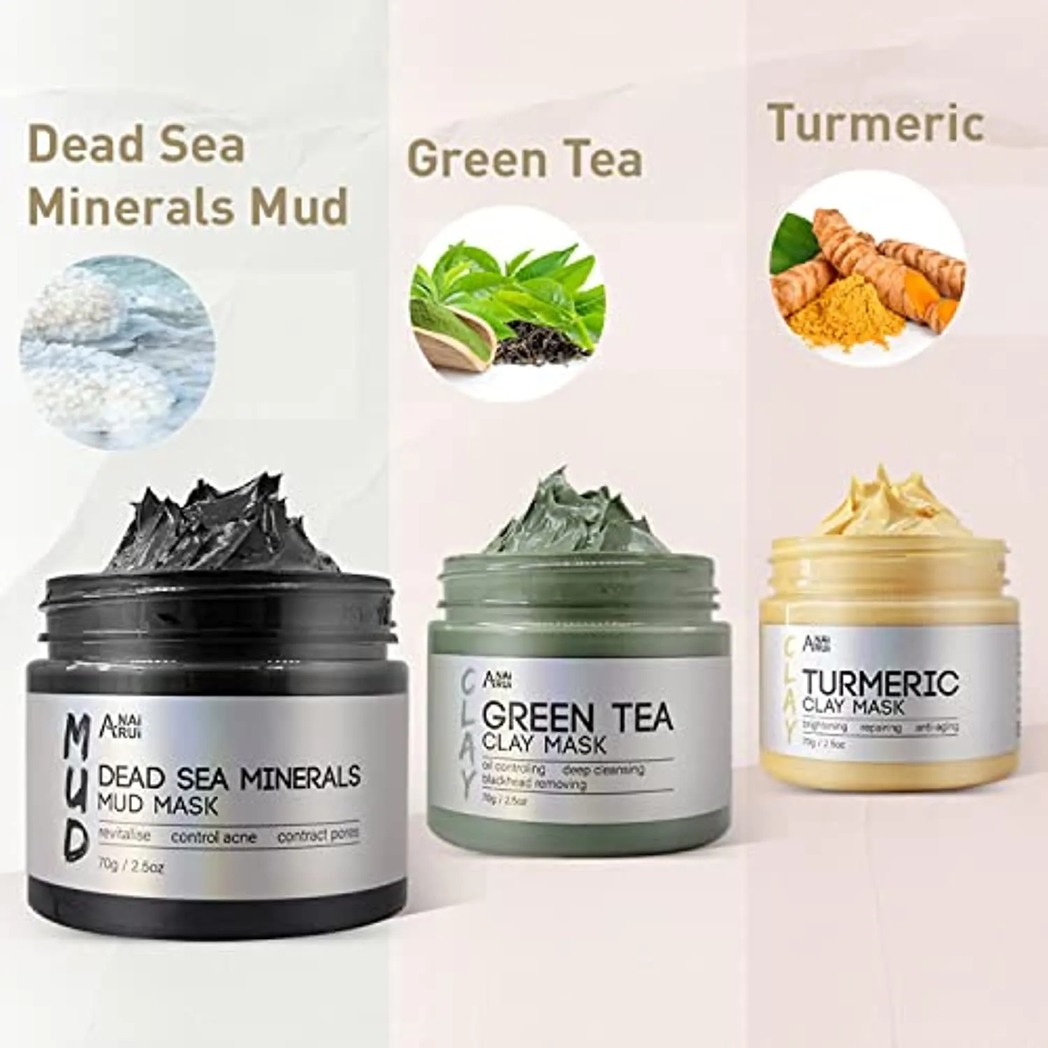 ANAI RUI Turmeric Clay Mask - Green Tea Detox Clay Mask - Dead Sea Minerals Mud Mask, Spa Facial Mask Set, 2.5 oz each