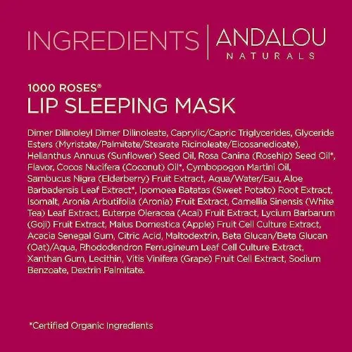 Andalou Naturals Lip Mask 1000 ROSES, Overnight Lip Sleeping Mask for Dry, Chapped Lips, Plumping, Hydrating & Soothing Lip Balm with Alpine Rose Stem Cells, Vegan & Cruelty-Free, 0.42 Oz
