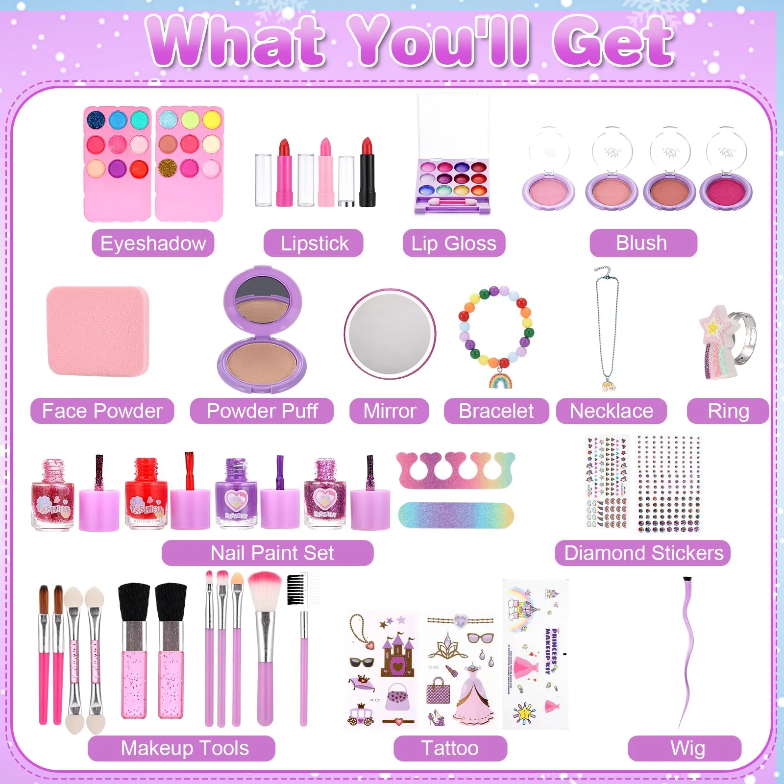 Anpro Kids Makeup Kit for Girl 5-8, 68 Pcs Safe & Washable Makeup for Girls,Non-Toxic Little Girl Makeup Set,Makeup Kits for Kids Toddler Girl Toys Christmas & Birthday Gift (Purple)