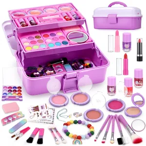 Anpro Kids Makeup Kit for Girl 5-8, 68 Pcs Safe & Washable Makeup for Girls,Non-Toxic Little Girl Makeup Set,Makeup Kits for Kids Toddler Girl Toys Christmas & Birthday Gift (Purple)
