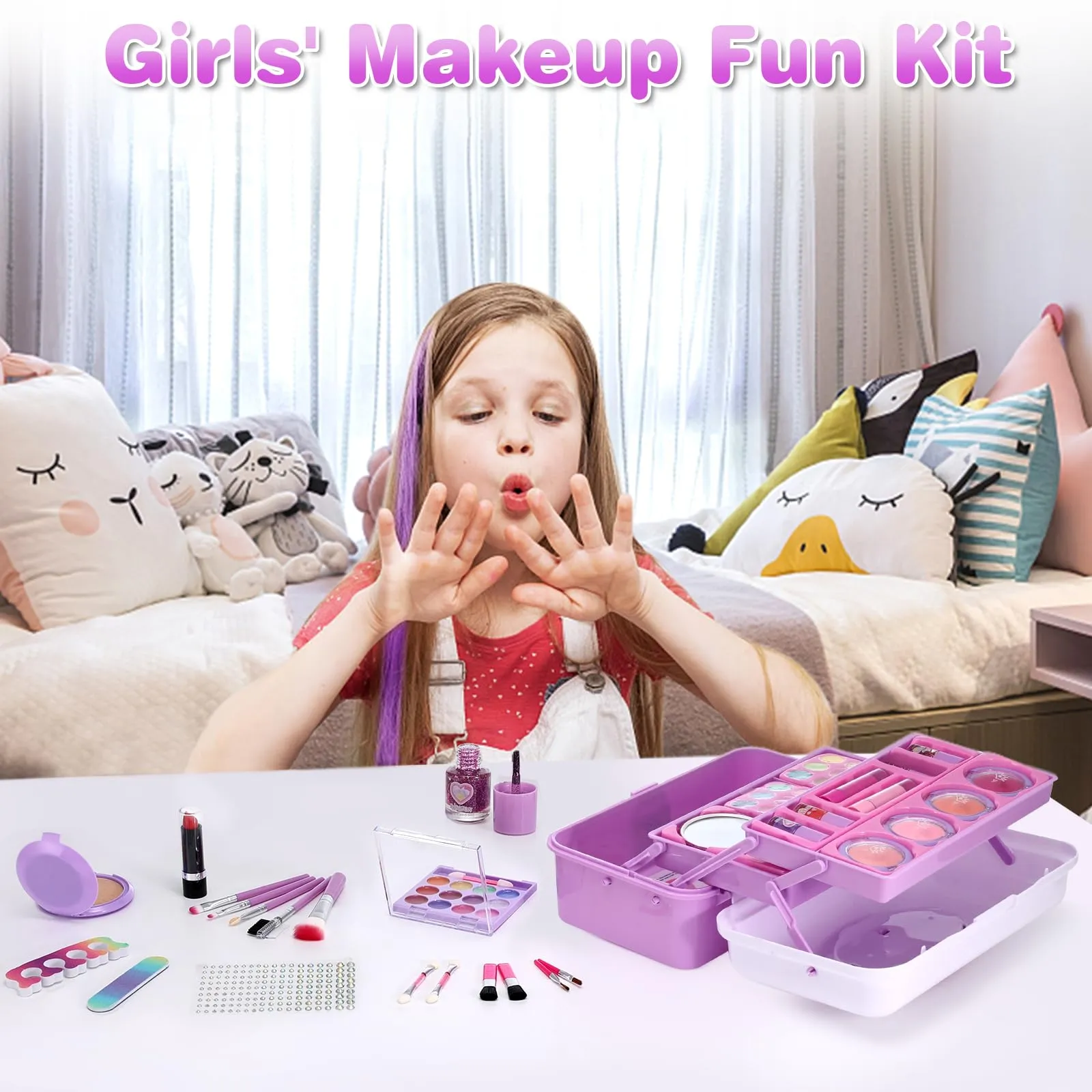 Anpro Kids Makeup Kit for Girl 5-8, 68 Pcs Safe & Washable Makeup for Girls,Non-Toxic Little Girl Makeup Set,Makeup Kits for Kids Toddler Girl Toys Christmas & Birthday Gift (Purple)