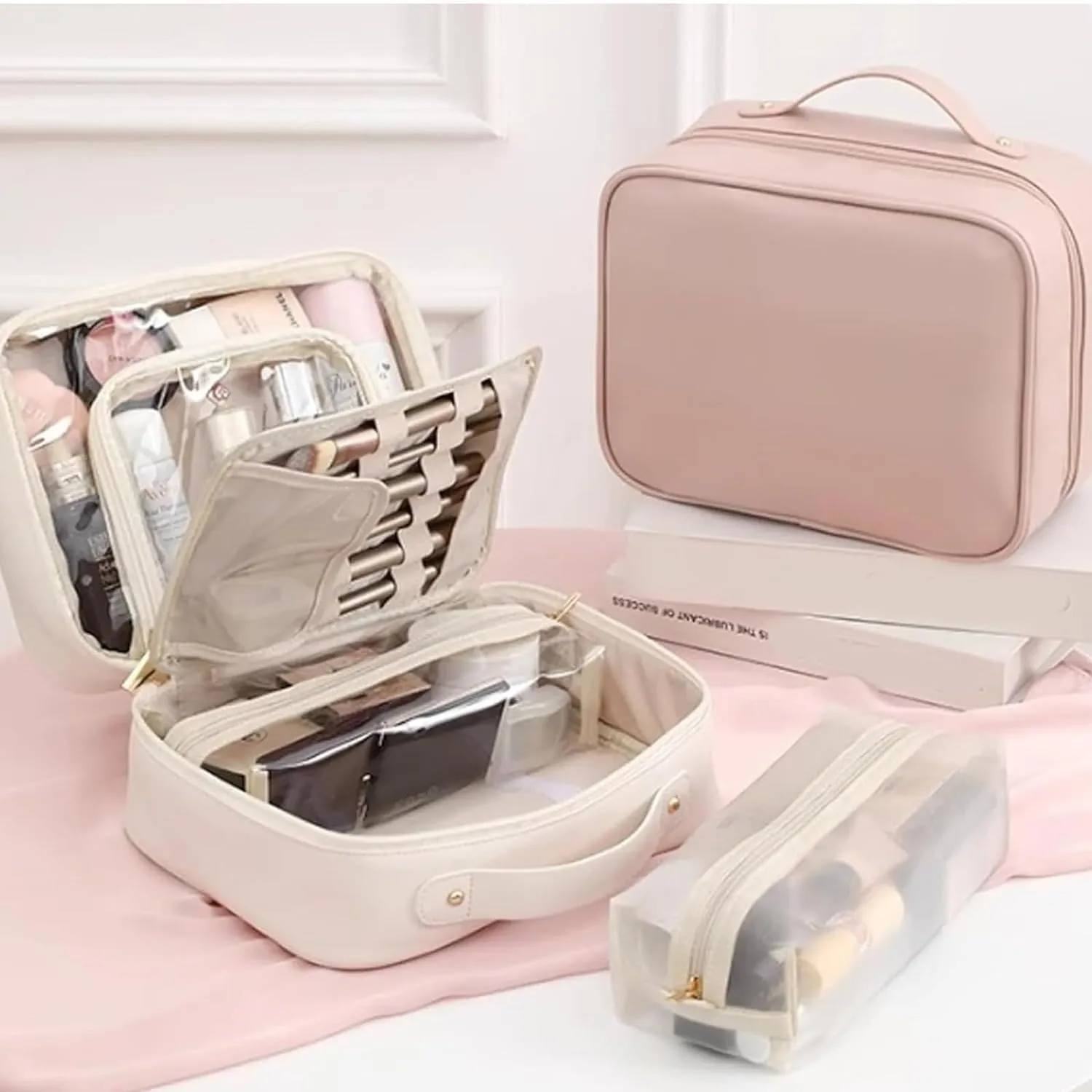 AQUECIDO Consulbefor Bag - Multi-Compartment Toiletry Cosmetics Bag, Large Travel Toiletry Bags for Women, Large Makeup Travel Bag Organizer with Compartments (Brown)