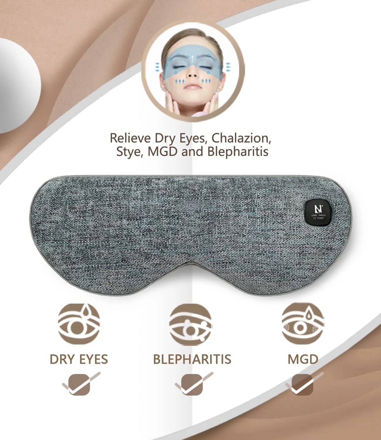Aroma Season Cordless Heated Eye Mask, Washable & Portable Professional Electric Warm Eye Compress for Relief Dry Eyes, Stye, Blepharitis, Eye Fatigue or MGD (Gray)