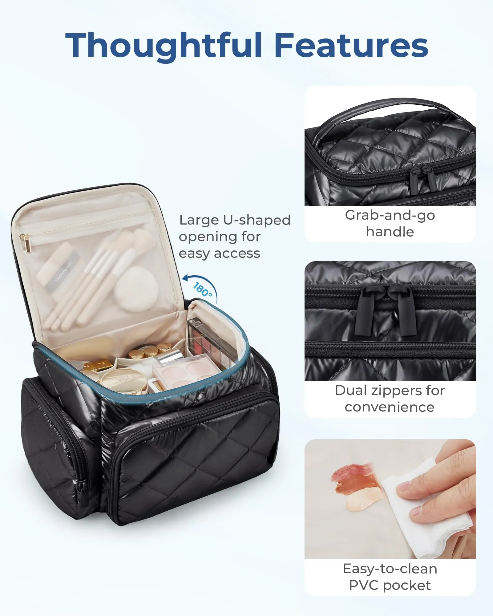 BAGSMART Large Makeup Bag with Jewelry Organizer, Travel Toiletry Bag with Multi-compartments, Toiletry Bags Cosmetic Bags for Women, for Travel-Size Toiletries Accessories (Silver)