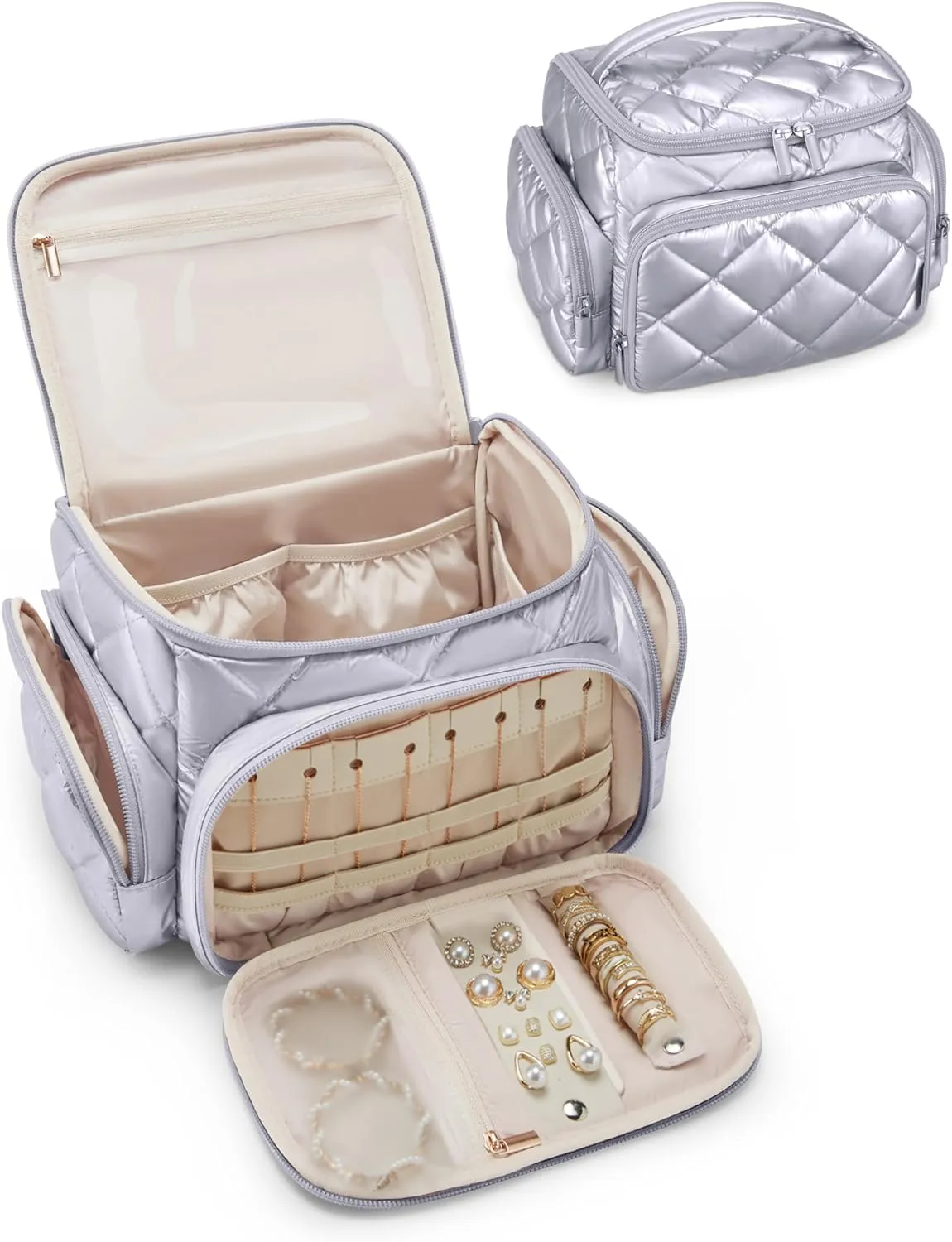 BAGSMART Large Makeup Bag with Jewelry Organizer, Travel Toiletry Bag with Multi-compartments, Toiletry Bags Cosmetic Bags for Women, for Travel-Size Toiletries Accessories (Silver)