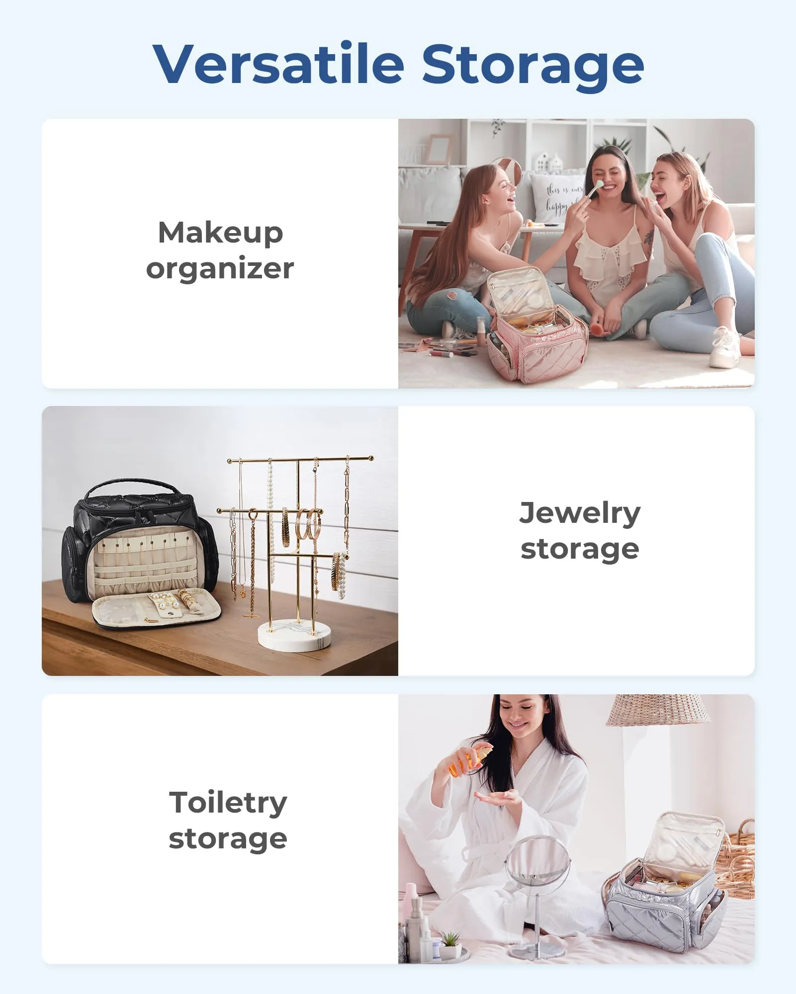 BAGSMART Large Makeup Bag with Jewelry Organizer, Travel Toiletry Bag with Multi-compartments, Toiletry Bags Cosmetic Bags for Women, for Travel-Size Toiletries Accessories (Silver)