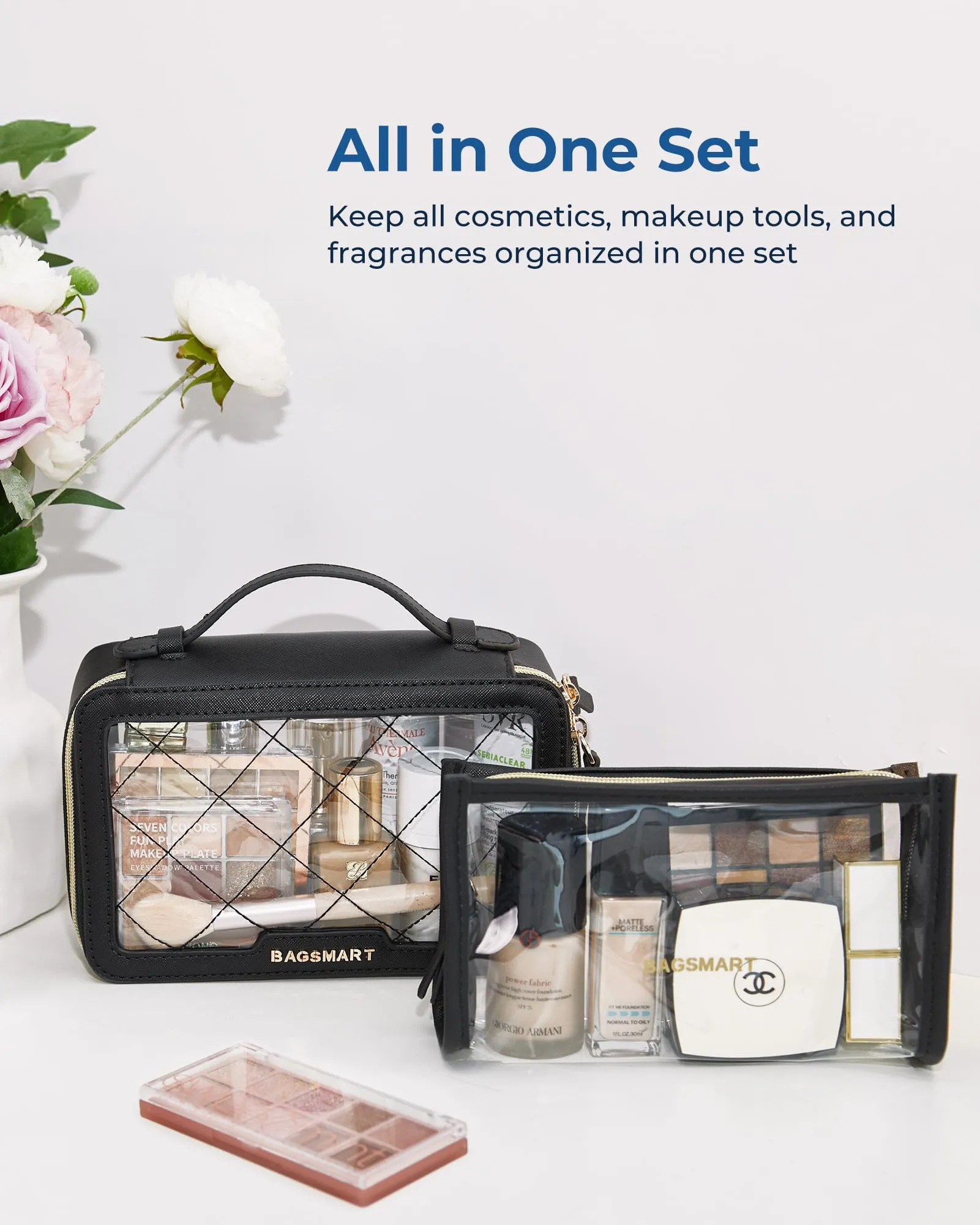 BAGSMART TSA Approved Toiletry Bag, Clear Makeup Bag Travel Toiletry Bag, 2-Piece Set Quart Size Waterproof PVC Leather Cosmetic Bags, Make Up Organizers Gift for Women Car Accessories, Nude Pink