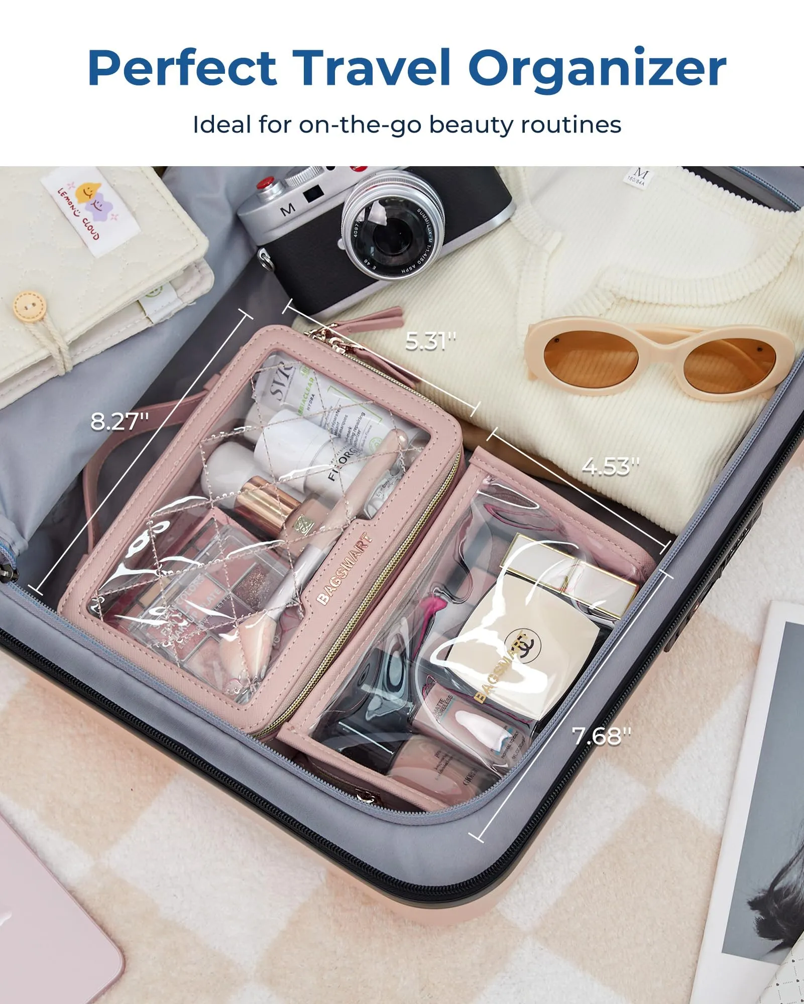BAGSMART TSA Approved Toiletry Bag, Clear Makeup Bag Travel Toiletry Bag, 2-Piece Set Quart Size Waterproof PVC Leather Cosmetic Bags, Make Up Organizers Gift for Women Car Accessories, Nude Pink