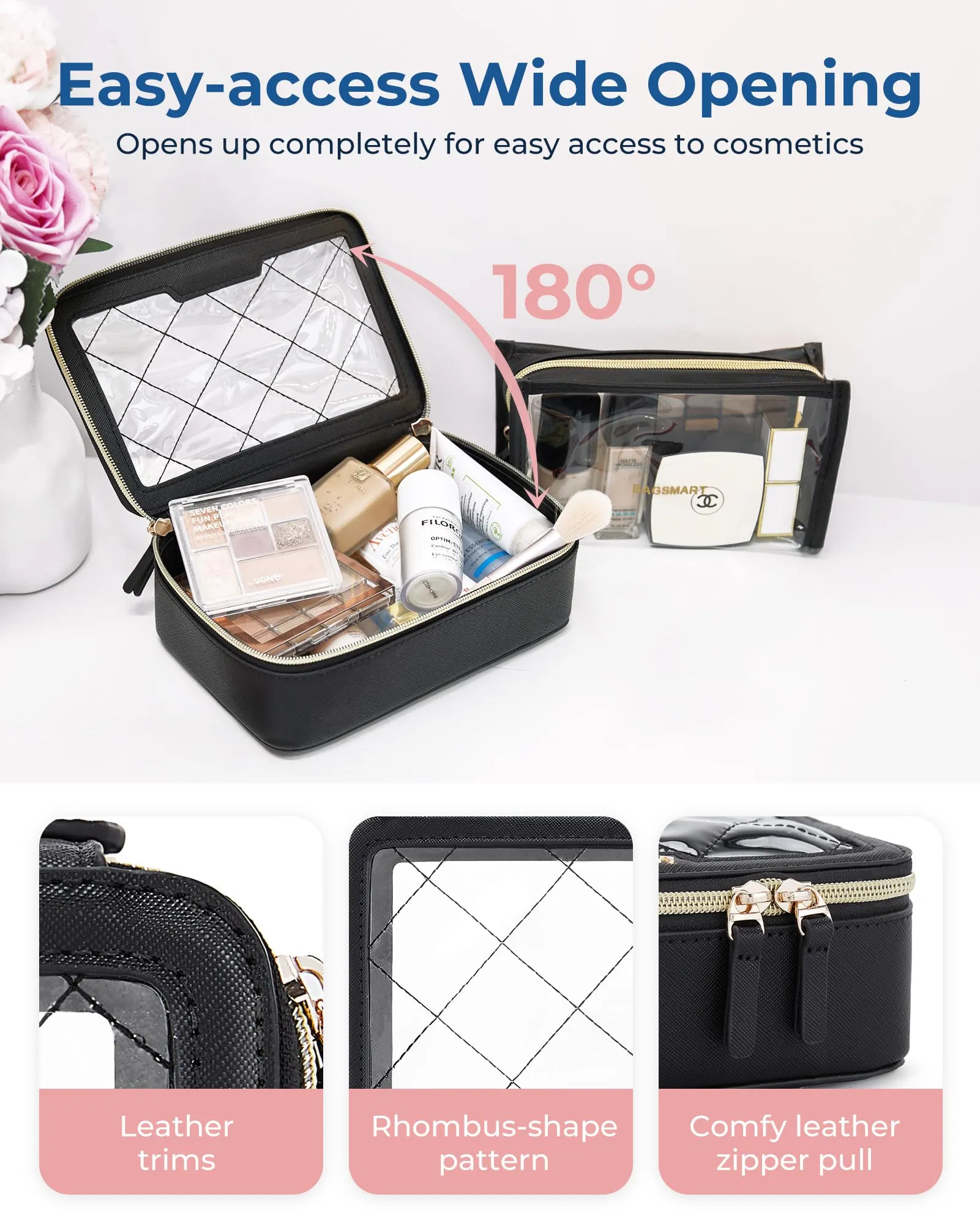 BAGSMART TSA Approved Toiletry Bag, Clear Makeup Bag Travel Toiletry Bag, 2-Piece Set Quart Size Waterproof PVC Leather Cosmetic Bags, Make Up Organizers Gift for Women Car Accessories, Nude Pink