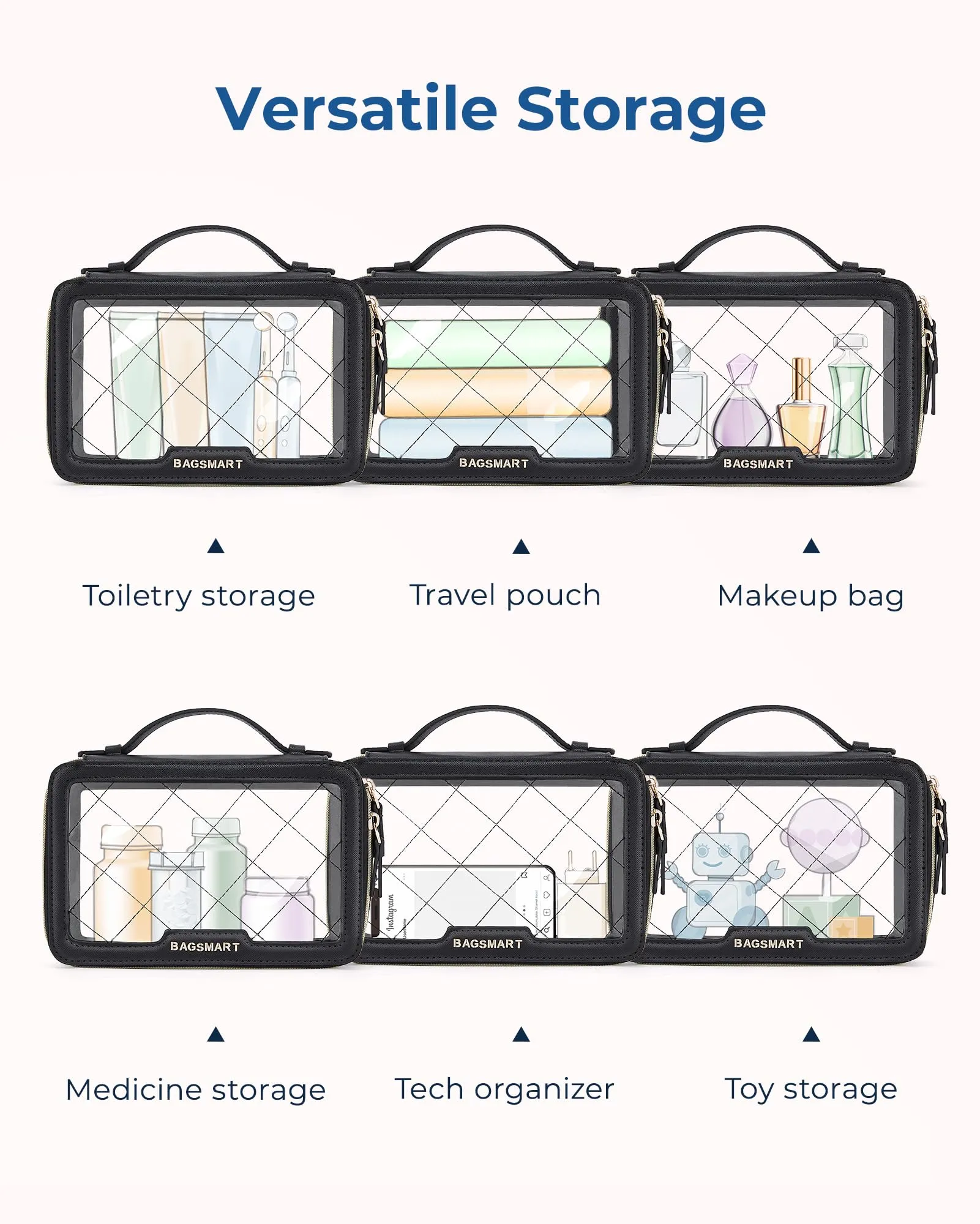 BAGSMART TSA Approved Toiletry Bag, Clear Makeup Bag Travel Toiletry Bag, 2-Piece Set Quart Size Waterproof PVC Leather Cosmetic Bags, Make Up Organizers Gift for Women Car Accessories, Nude Pink