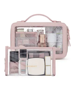 BAGSMART TSA Approved Toiletry Bag, Clear Makeup Bag Travel Toiletry Bag, 2-Piece Set Quart Size Waterproof PVC Leather Cosmetic Bags, Make Up Organizers Gift for Women Car Accessories, Nude Pink