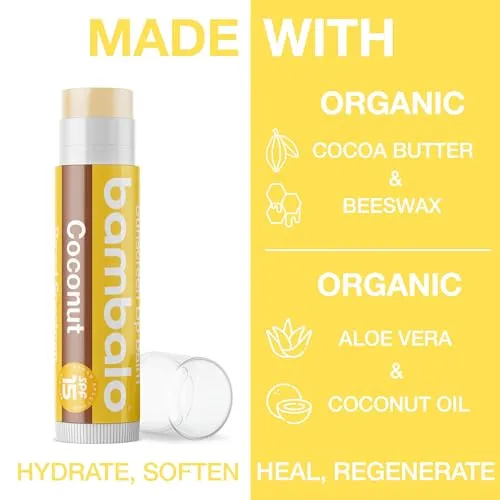 Bambalo 4-Pack Coconut SPF 15 Lip Balm - Organic Ingredients, Broad Spectrum UVA/UVB Protection - Hydrating & Moisturizing, USA Made