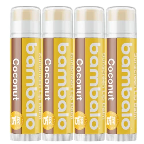Bambalo 4-Pack Coconut SPF 15 Lip Balm - Organic Ingredients, Broad Spectrum UVA/UVB Protection - Hydrating & Moisturizing, USA Made