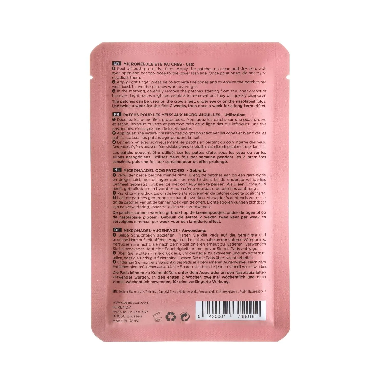 BEAUTICAL Microneedle Eye Patches - Anti-wrinkle, Anti-puffiness, Moisturizing - Eye Mask Hyaluronic Acid, Peptides - 1 pair