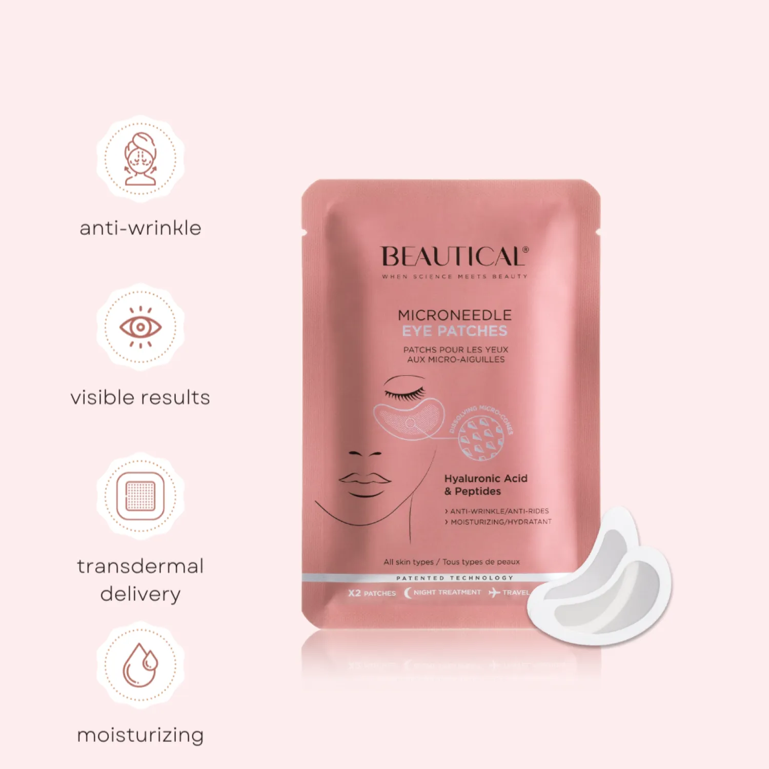 BEAUTICAL Microneedle Eye Patches - Anti-wrinkle, Anti-puffiness, Moisturizing - Eye Mask Hyaluronic Acid, Peptides - 1 pair