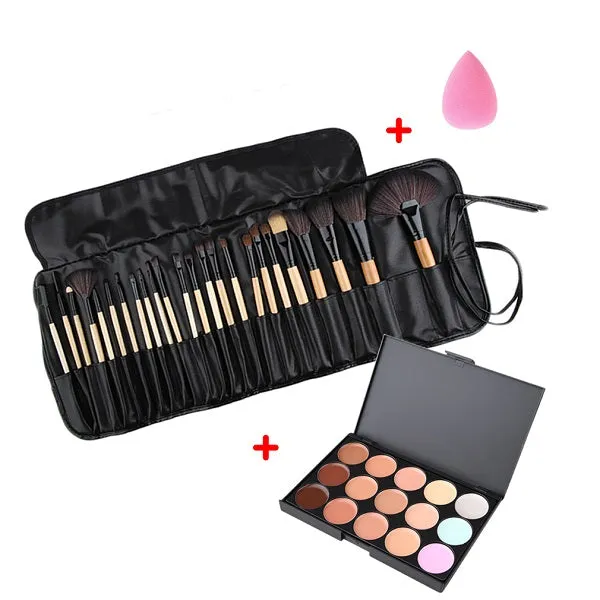 Beauty Makeup Set Tool Professional 15 Colors Face Concealer Contour Platte  1 Cosmetic Sponge Puff 24pcs Pro Makeup Brushes