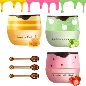 Bee Lip Balm Honey Pot,3 PCS Strawberry&Honey&Apple Lime Lip Sleeping Mask,Hydrating Prevention Dry and Cracked Lip Scrubs Exfoliator Lip Care,Moisturizing Lip Mask Overnight Reduces Lip Lines