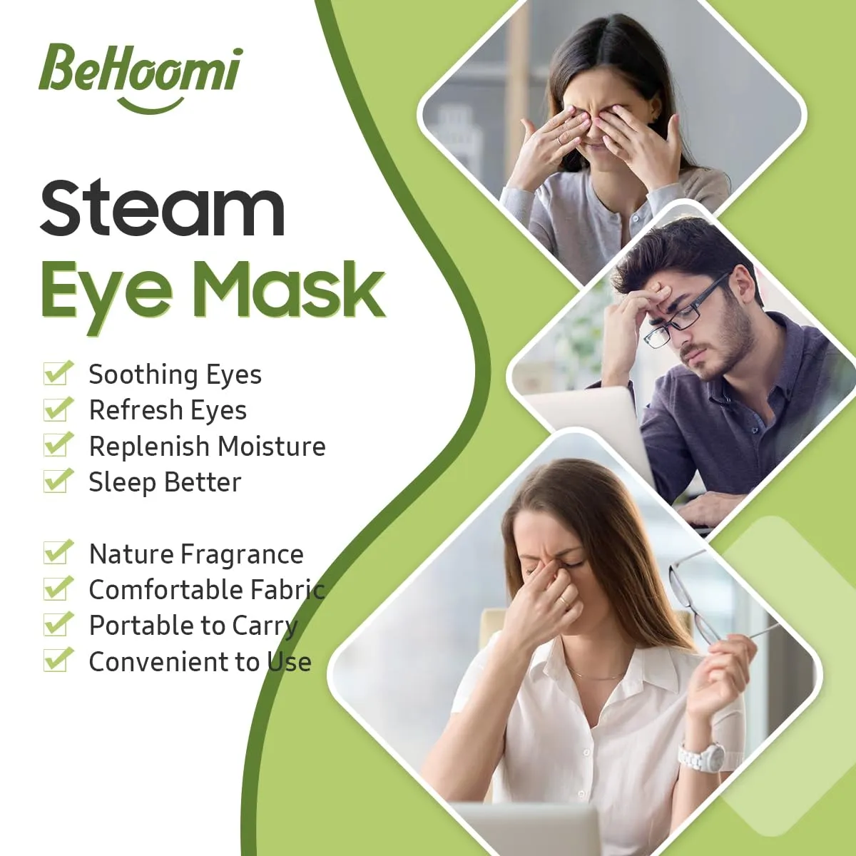 BeHoomi 30Packs Steam Eye Mask, Heated Eye Mask Warm Compress for Eyes, Self Heating Disposable Eye Masks, Sleep Mask for Home, Spa, Office, Travel Essentials & Relaxation Gifts (Green Tea)