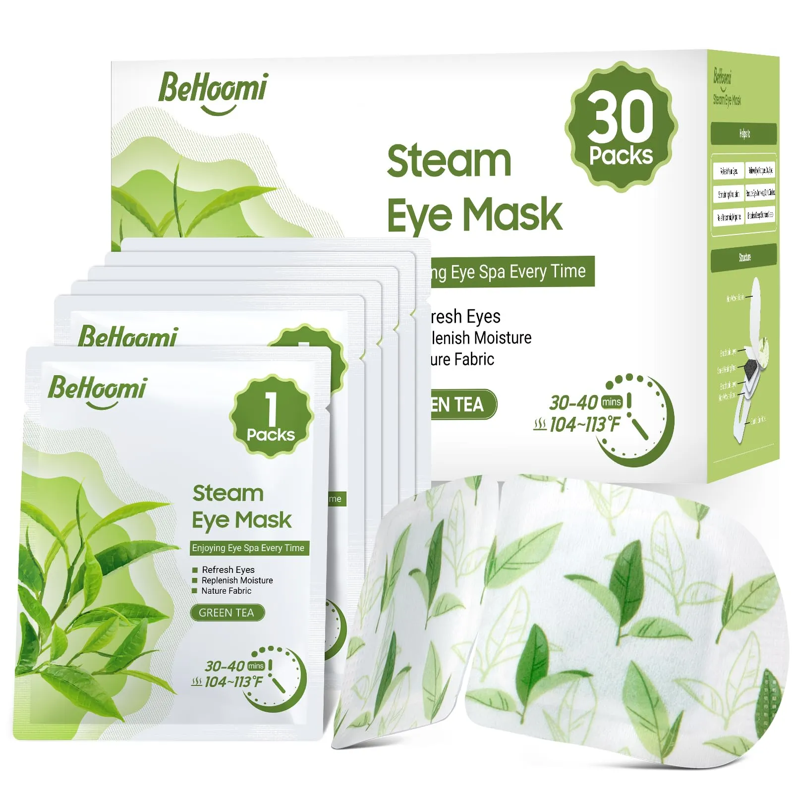 BeHoomi 30Packs Steam Eye Mask, Heated Eye Mask Warm Compress for Eyes, Self Heating Disposable Eye Masks, Sleep Mask for Home, Spa, Office, Travel Essentials & Relaxation Gifts (Green Tea)