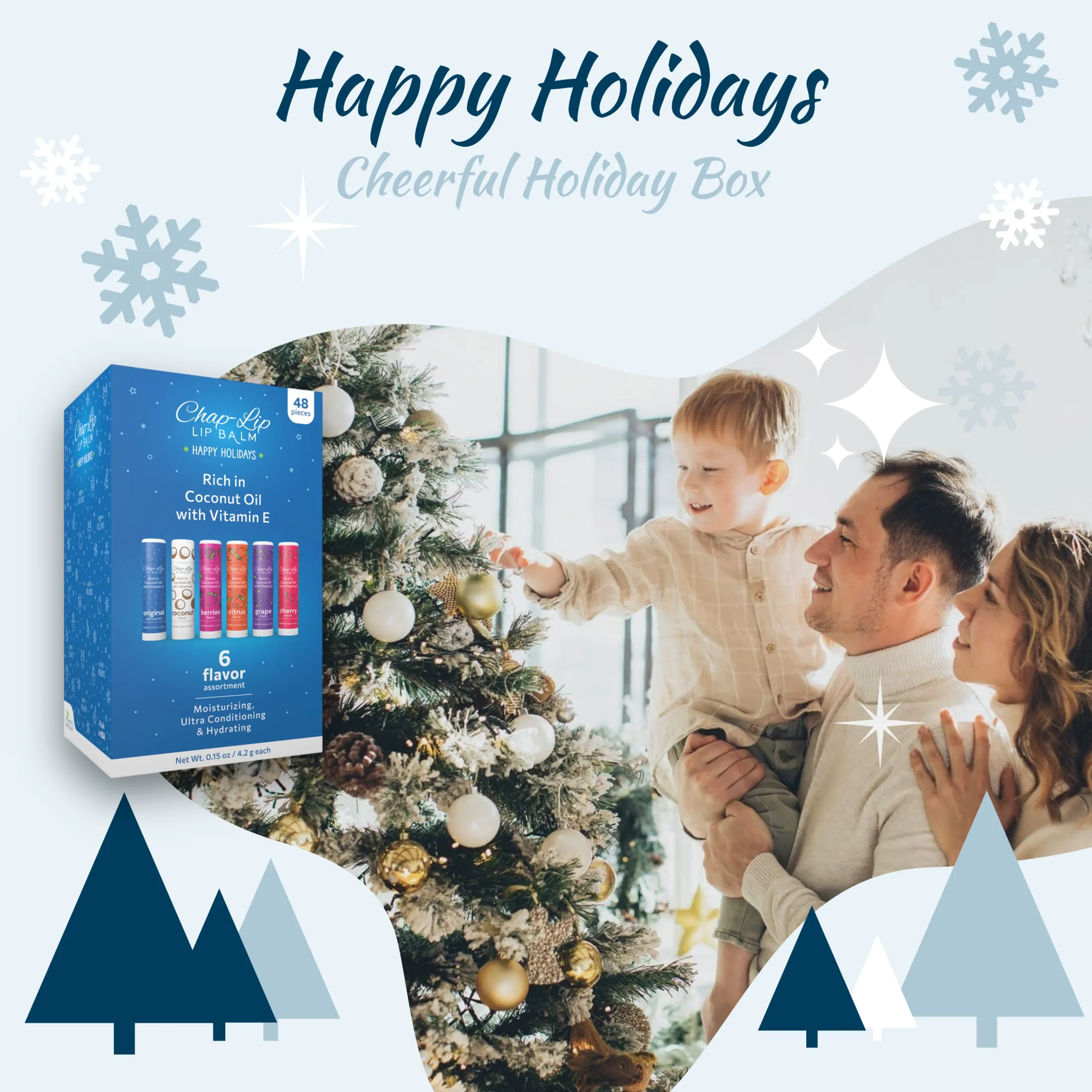 Chap-Lip Lip Balm Rich in Coconut Oil & Vitamin E - Moisturizing, Ultra Conditioning & Hydrating - Total Lip Moisturizer & Lip Therapy Treatment - Happy Holidays 6 Flavor Assortment, 48 Count