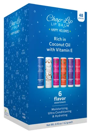 Chap-Lip Lip Balm Rich in Coconut Oil & Vitamin E - Moisturizing, Ultra Conditioning & Hydrating - Total Lip Moisturizer & Lip Therapy Treatment - Happy Holidays 6 Flavor Assortment, 48 Count