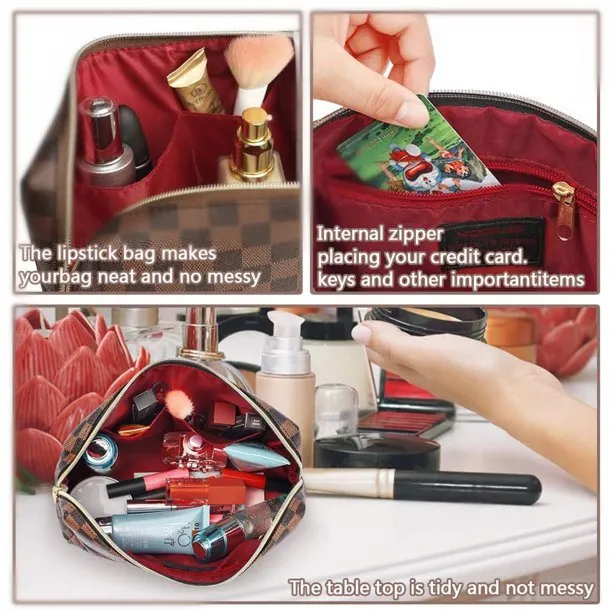 Checkered Makeup Bag;  BAGMIND 2Pcs Travel Cosmetic Bags;  Portable Toiletry Organizer for Women;  Lightweight and Waterproof Leather Toiletries Bag for Girl Friend Wife Christmas Gifts;  Brown