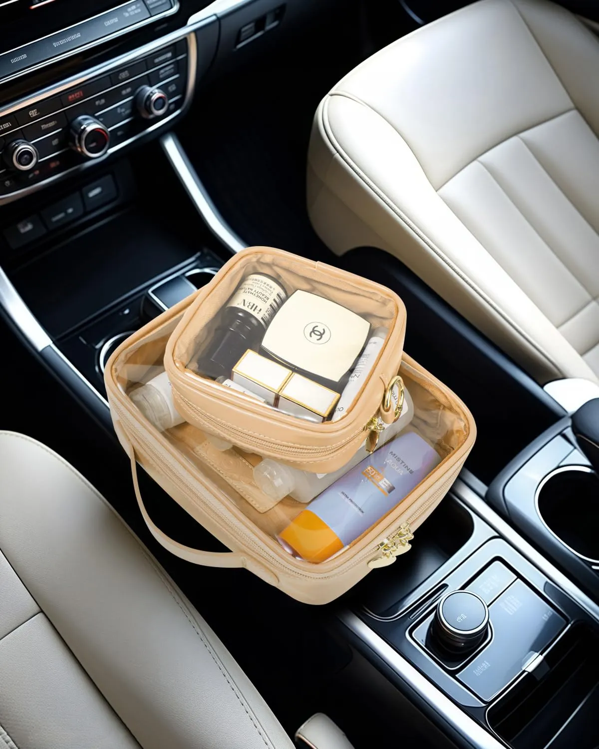 Clear Makeup Bags Set - TSA Approved Toiletry Bag with Handle Large Opening, Clear Toiletry Bags for Traveling Travel Essentials Travel Size Toiletries Car Accessories for Women (Large Mini Sand)