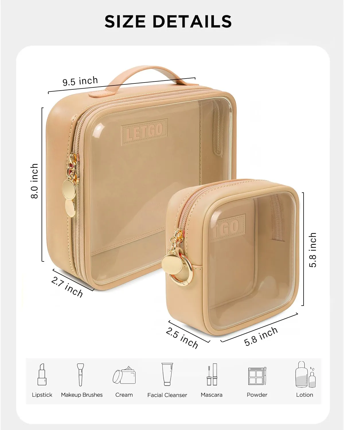 Clear Makeup Bags Set - TSA Approved Toiletry Bag with Handle Large Opening, Clear Toiletry Bags for Traveling Travel Essentials Travel Size Toiletries Car Accessories for Women (Large Mini Sand)
