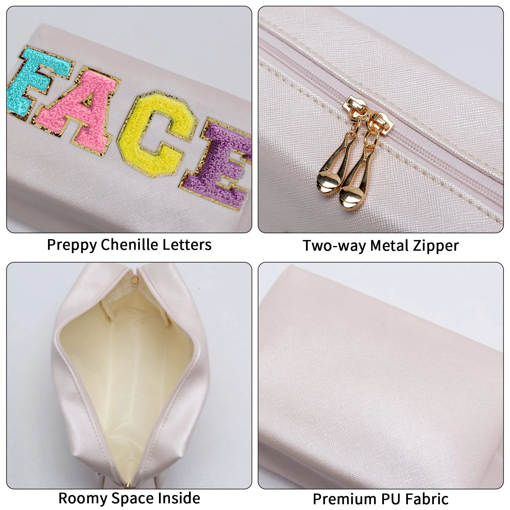 COSHAYSOO Preppy Patch Makeup Bag Small Chenille Letter Make Up Cosmetic Pouch Gifts for Teen Girl Women, Cute Aesthetic Purse Skin Care Stuff Travel Toiletry Organizer (FACE)