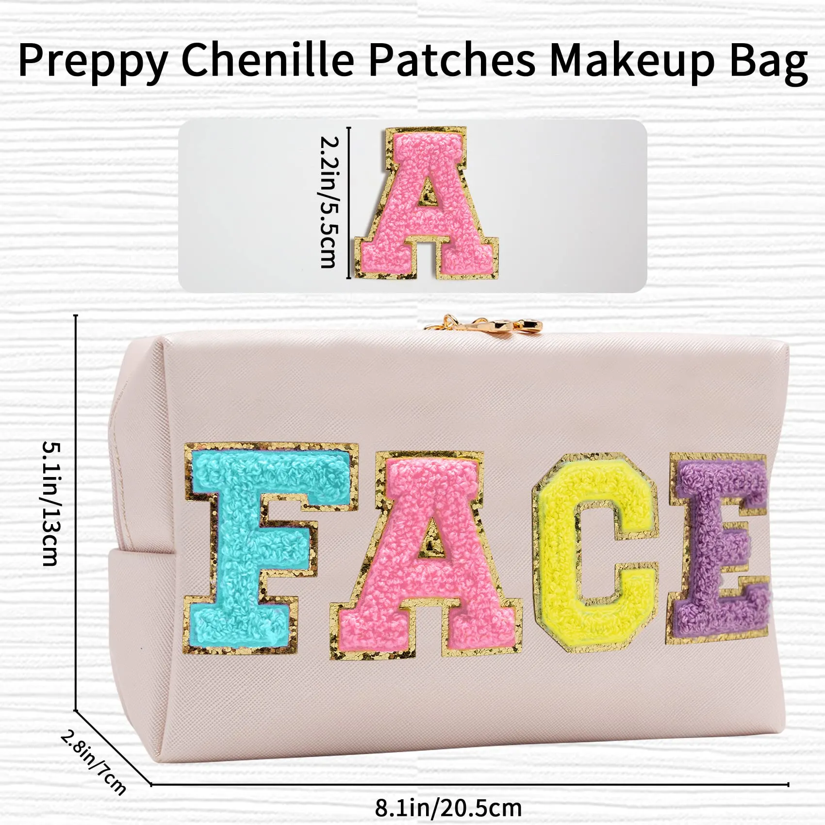 COSHAYSOO Preppy Patch Makeup Bag Small Chenille Letter Make Up Cosmetic Pouch Gifts for Teen Girl Women, Cute Aesthetic Purse Skin Care Stuff Travel Toiletry Organizer (FACE)
