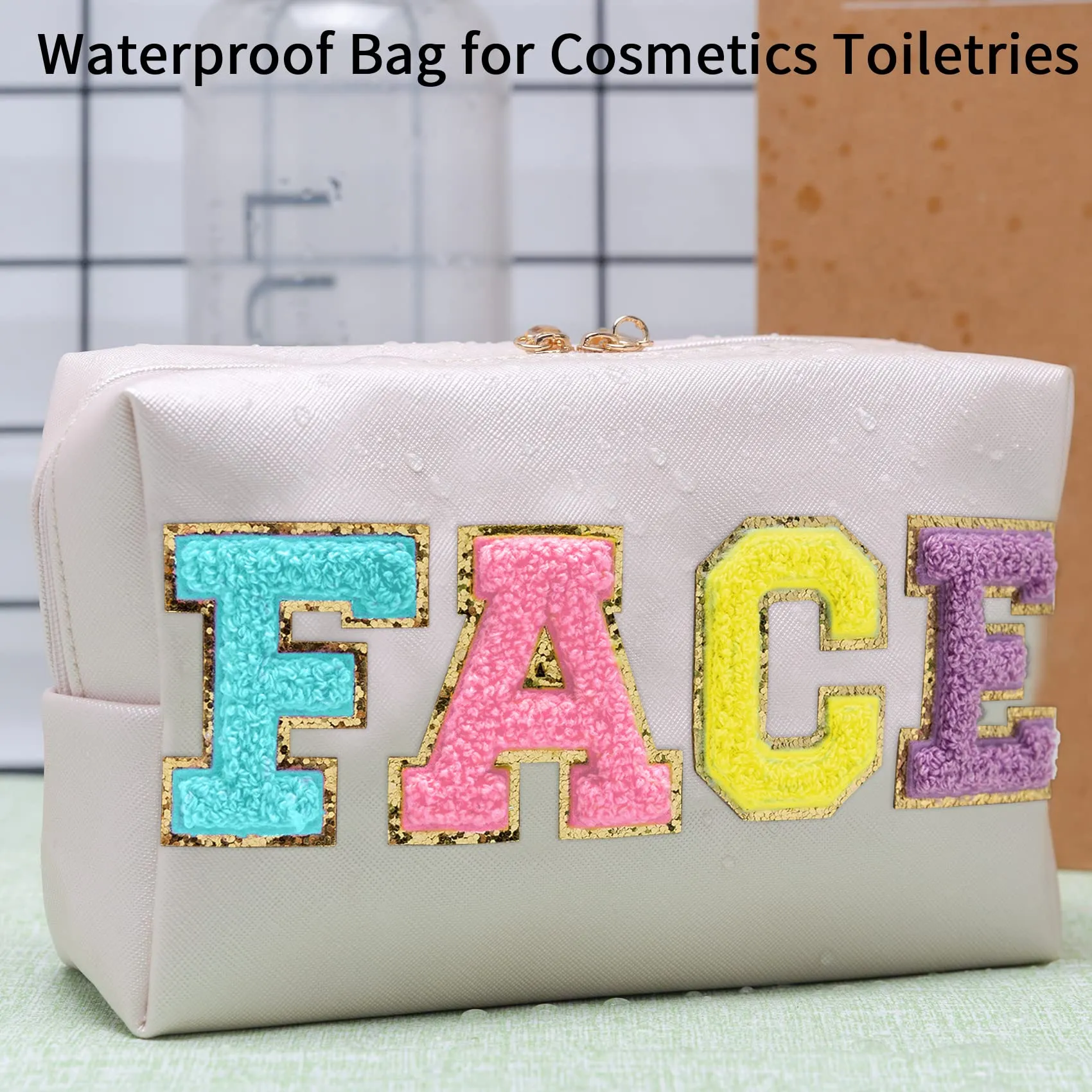 COSHAYSOO Preppy Patch Makeup Bag Small Chenille Letter Make Up Cosmetic Pouch Gifts for Teen Girl Women, Cute Aesthetic Purse Skin Care Stuff Travel Toiletry Organizer (FACE)