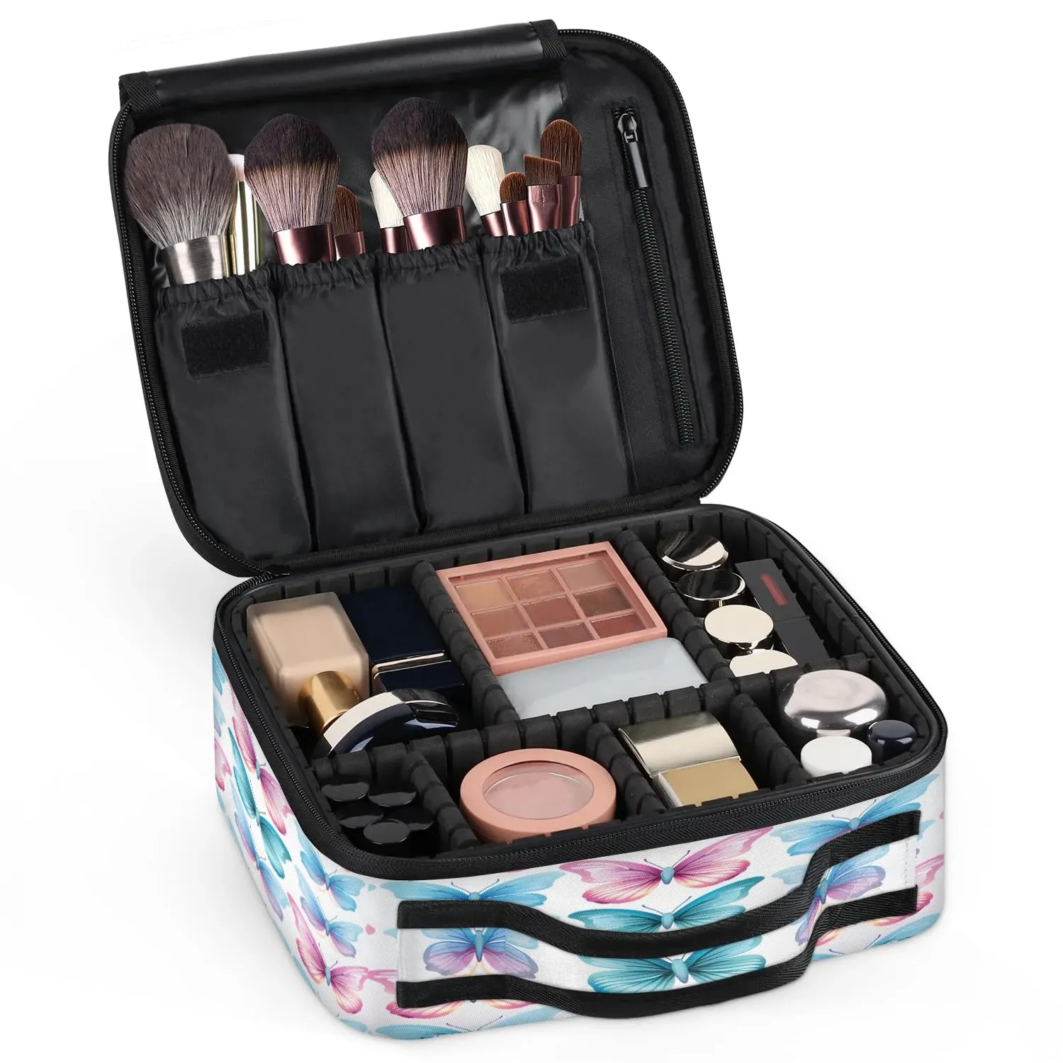 CURLYOOT Butterflies Travel Makeup Train Case Cosmetic Bag Organizer Portable Storage Bag with Adjustable Dividers for Cosmetics Makeup Brushes Toiletry Jewelry