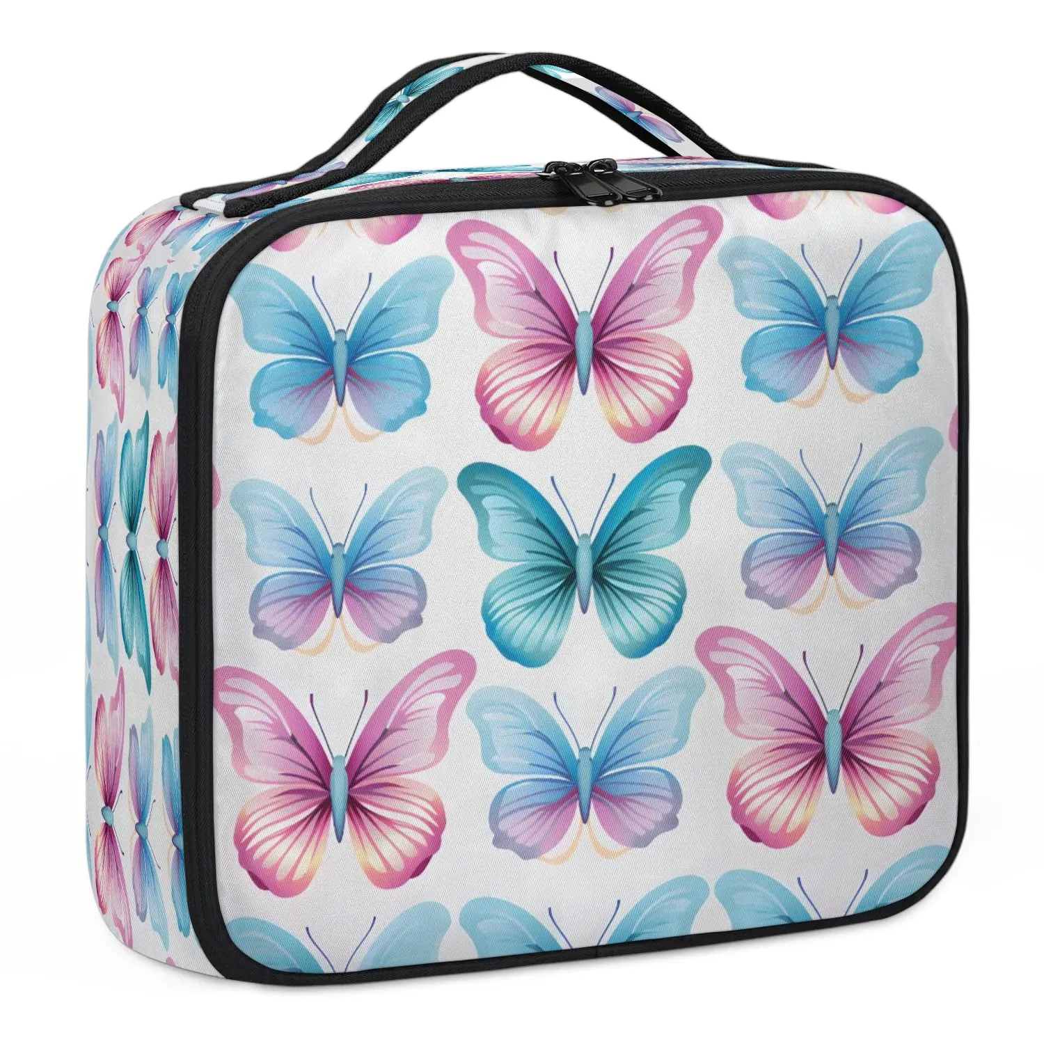 CURLYOOT Butterflies Travel Makeup Train Case Cosmetic Bag Organizer Portable Storage Bag with Adjustable Dividers for Cosmetics Makeup Brushes Toiletry Jewelry