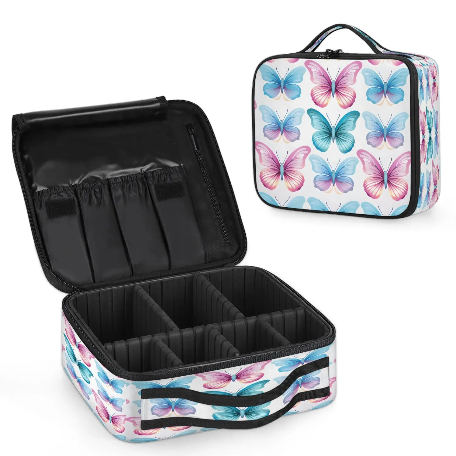 CURLYOOT Butterflies Travel Makeup Train Case Cosmetic Bag Organizer Portable Storage Bag with Adjustable Dividers for Cosmetics Makeup Brushes Toiletry Jewelry