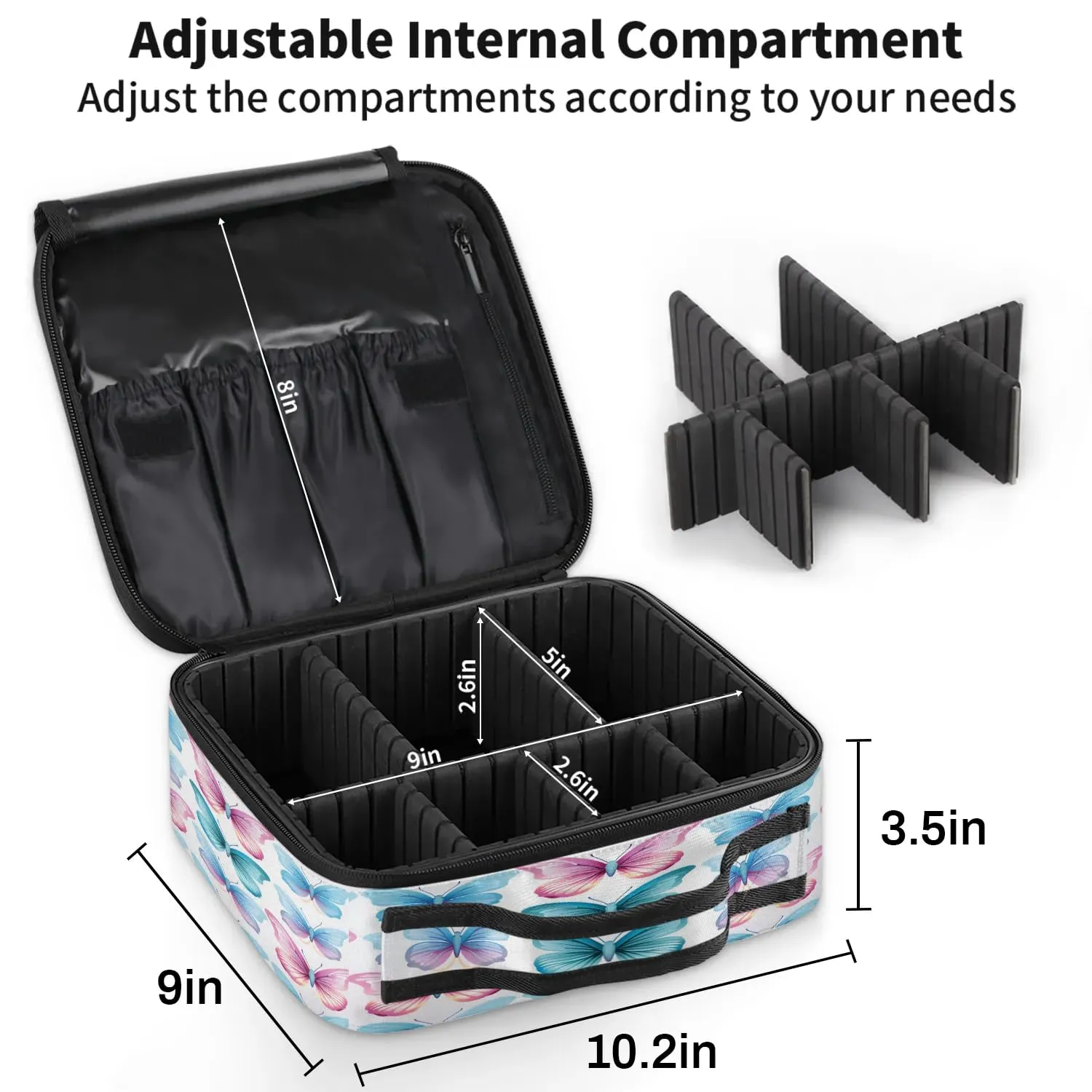 CURLYOOT Butterflies Travel Makeup Train Case Cosmetic Bag Organizer Portable Storage Bag with Adjustable Dividers for Cosmetics Makeup Brushes Toiletry Jewelry