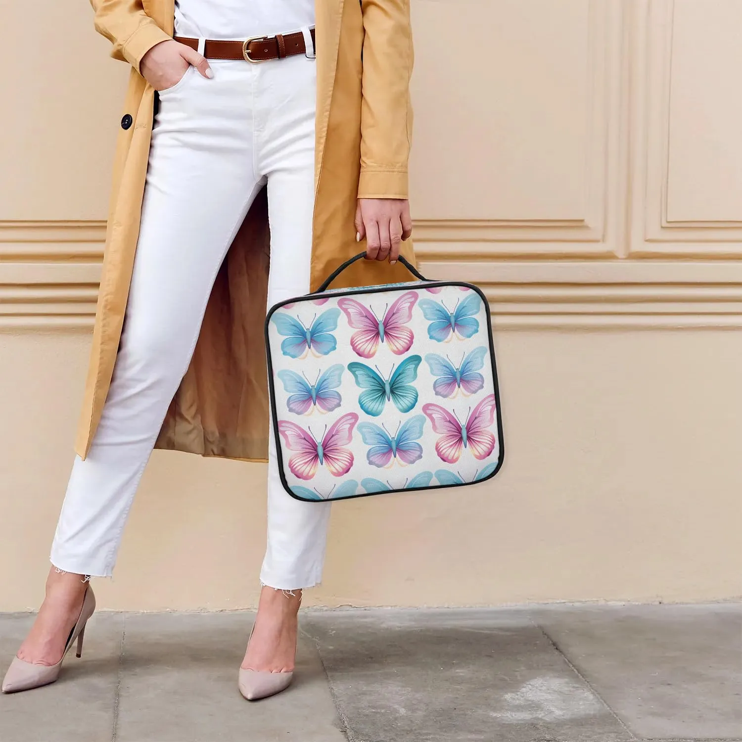 CURLYOOT Butterflies Travel Makeup Train Case Cosmetic Bag Organizer Portable Storage Bag with Adjustable Dividers for Cosmetics Makeup Brushes Toiletry Jewelry